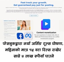 फेसबुकद्वारा नयाँ अर्निङ टूल्स घोषणा, महिनाको मात्र १५ वटा रिल्स राखेर साढे ४ लाख रुपैयाँ पाउने